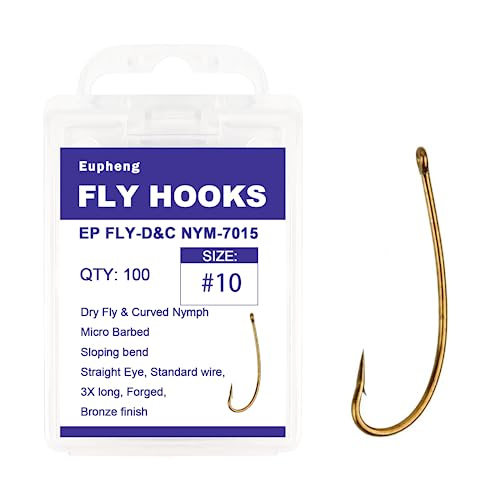 Eupheng Fly Fishing Hooks 100pc Pack Micro Barbed High Carbon Steel Bronze Forged for Dry Flies, Curved Nymphs, Shrimp,Caddis Pupa - color: EP FLY-D&C NYM-7015, size: #10
