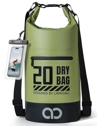 Lamicall Waterproof Dry Bag with Phone Pouch - 5L/10L/20L/30L/40L Floating Roll Top Backpack for Kayaking Boating Beach Camping Fishing - Heavy Duty 500D PVC Marine Dry Sack for Men, Women, Green 20L - color: Olive Green, size: 20L