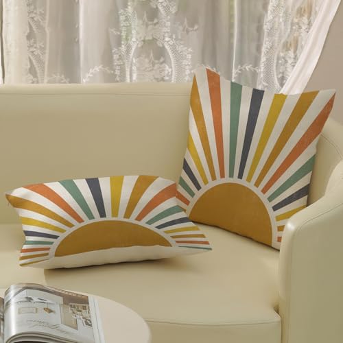 Summer Pillow Covers 16x16 Inch 2 Pcs Boho Mustard Yellow Sunshine Outdoor Decor Throw Pillows Stripes Rainbow Sun Farmhouse Holiday Decoration Pillowcase Linen Cushion Cover for Couch Sofa Bed - color: Boho Sun 01, size: 16" x 16" (Pack of 2)