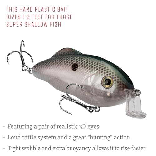 Strike King Hybrid Hunter Shallow Jr. Fishing Lure, Shallow Diving Crankbait, 90-Degree Bill, 3D Eyes, Loud Rattle, Dives 1 to 3-Feet,Size 4 & 6 Treble Hooks - color: Green Gizzard Shad, size: 1/2 oz
