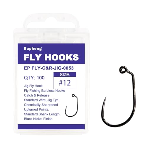 Eupheng Fly Fishing Hooks 100pc Pack Micro Barbed High Carbon Steel Bronze Forged for Dry Flies, Curved Nymphs, Shrimp,Caddis Pupa - color: EP FLY-C&R-JIG-0053, size: #12