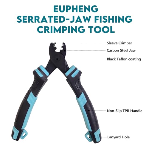 Eupheng Fishing Crimping Pliers Tools Secure Crimp Without Damaging Line, 6-Tooth Serrated Jaws Crimper with 240pcs Copper Sleeves, 5.9in Carbon Steel for Saltwater & Freshwater - color: Crimping Pliers (Blue) + Sleeves (240pcs)