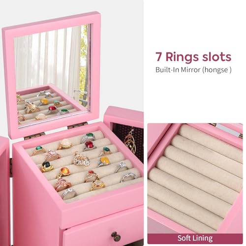Meangood Jewelry Box Wood for Wowen, 5-Layer Large Organizer Box with Mirror & 4 Drawers for Rings, Earrings, Necklaces, Pink - color: 5 Layer Pink, size: 5 Layer