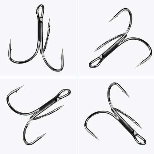 Fishing Treble Hooks Triple Fishing Hooks High Carbon Steel Barbed Sharp Round Bend Treble Hooks Replacement for Hard Lures Bait - color: Black, size: 6#-50pcs