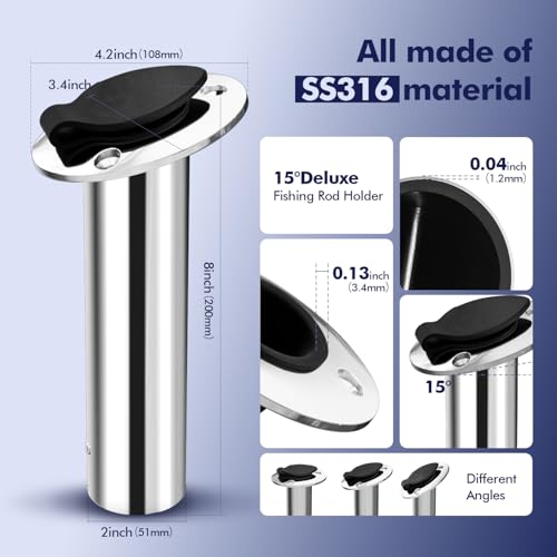 2Pcs Rod Holders for Fishing Boat, Heavy Duty 316 Stainless Steel Fishing Rod Pole Holder, Flush Mount, 15/30/90 Degree - color: Silver - Black Insert, size: 15 Degree with Cap