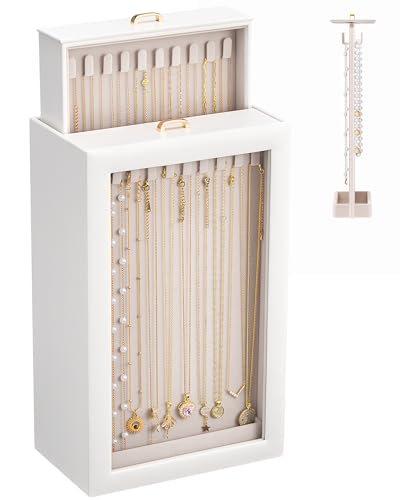 Lolalet Upgraded Double-Sided Hanging Necklace Organizer Box, Jewelry Display Case with Double-Sided Clear Window for Necklaces Bracelets, Tangle-Free Necklace Storage Box, White, 2-Layer 40 Hooks - color: White, size: 2-Layer, 40 Hooks
