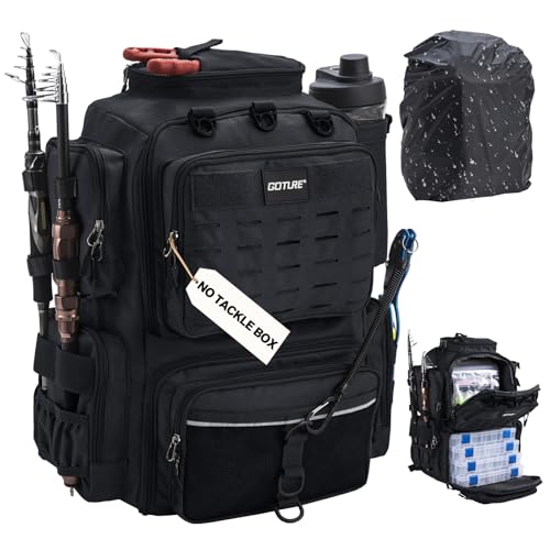 Goture Fishing Backpack, IPX EVA Bottom 55L Large Fishing Tackle Bag with Rod Holder, Rain Cover for Camping Hiking, 600D Fishing Bag Storage with 8 Lure Pockets, Fishing Gear and Equipment Black