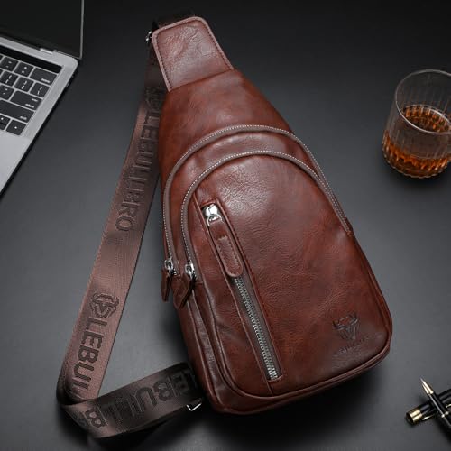 Crossbody Bags for Men Leather Sling Bags Mens Chest Bag Backpack Travel Hiking Fishing Outdoor Sports - color: Dark Brown