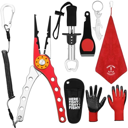 VioraWhite 8 Pieces Fishing Tools Kit Fish Hook Remover Set Include Fishing Pliers Lip Gripper Multifunction Scissors Gloves Towel Keychain Hook for Men Women Gifts - color: Red
