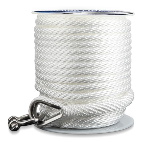 Anchor Rope Braided Anchor Line(White, 3/8" x 100') Premium Solid Braid MFP Boat Rope with Stainless Steel Thimble & Shackle, Quality Marine Line, Boat Accessories - style: 3/8" x 100'