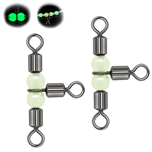 Goture Fishing Swivels, 3 Way Swivels Fishing Tackle, T Shape Cross Line Rolling Swivels with Luminous Beads Saltwater Freshwater,Three Way Fishing Swivels Barrel Swivels for Catfish Rig Surf Rig - color: C:30pcs 3 Way Fishing Swivels-Luminous, size: 3*4
