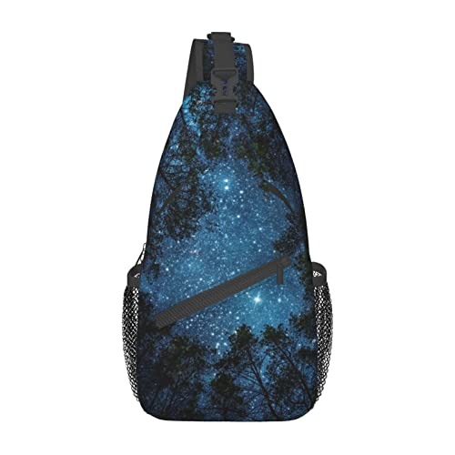 Forest Galaxy Sling Bag Crossbody Backpack for Men Women Night Sky Milky Way Tree Forest with Starry Chest Bag Adjustable Casual Shoulder Backpack Dark Blue Gym Travel Hiking Daypack - color: Night Sky Tree Forest With Starry