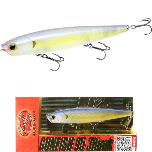 LUCKY CRAFT Gunfish 95 3 Hook Freshwater Fishing Lures and Bait for Bass Fish, Topwater Fish Line, Surface Bait with Treble Hooks, Fishing Gear for Tackle Box - color: 250 Chartreuse Shad