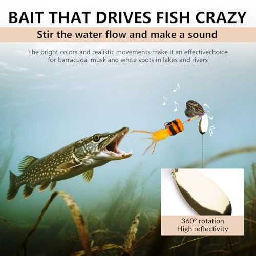 THKFISH Musky Pike Walleye Fishing Lure, Rooster Tail Fishing Lures with Hard Metal Brass Inline Spinner Baits with Tackle Box for Trout Bass Salmon Freshwater Saltwater Lures - color: Yellow&Orange, size: 1 oz---2pcs