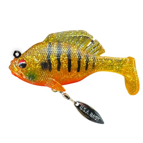 USA Bass Tackle - Hand Poured Underspin Gill - Weedless Gilly Paddletail Sleeper Swimbait with Bass-Tech Soft Plastic & Owner Mega Jig Hook Largemouth Smallmouth Spotted Bass - color: Sun Gill, size: 3/4