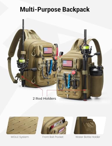 Piscifun Fishing Backpack Tackle Bag with 2 Rod Holders, Multi-Compartment Storage, MOLLE System, Water-Resistant Lightweight Outdoor Pack - color: Double Shoulder - Black Camouflage, style: Standard