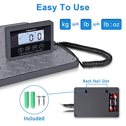 THINKSCALE Shipping Scale, 440 lbs/1 oz Highly Accurate Postal Scale with Hold/Tare/LCD Display, Lightweight Digital Postage Scale for Packages/Luggage/Post Office/Dog, Battery & AC Adapter Included - color: Rubber Gray
