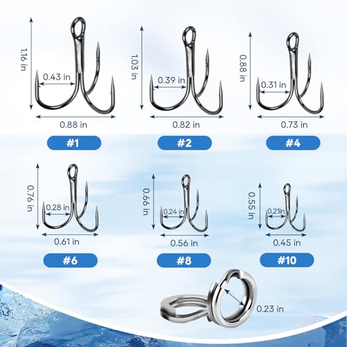 UCEC Fishing Hooks Treble Hooks Kit for Saltwater Freshwater, High Carbon Steel Strong Sharp Round Bend for Catfish Trout Hard Baits Lures, Size #1#2#4#6#8#10#12#14 110/50/210 Pack with Split Rings - style: 100pcs Split Rings & 110pcs Silver Hooks, #1 #2
