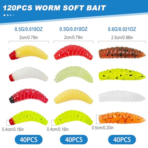 120Pcs Fake Maggots Bass Fishing Worms Lures Soft Plastic Fake Worms Ice Lure Fishing Baits for Bluegill Crappie Walleye Perch