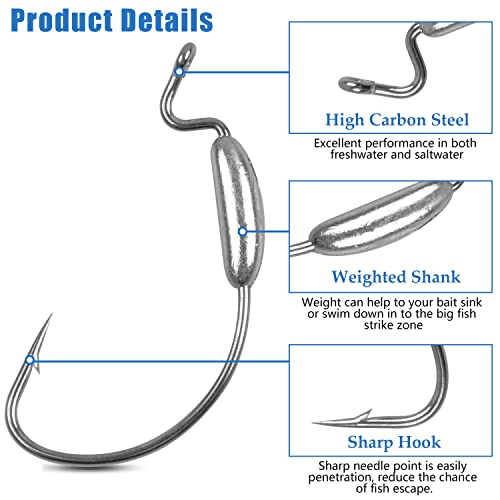 Weighted Swimbait Hooks Saltwater, 30Pcs Worm Fishing Offset Hook Wide Gap Bass Fishing Hooks for Soft Plastic Worm Lures - size: 5/0-6g-30pcs