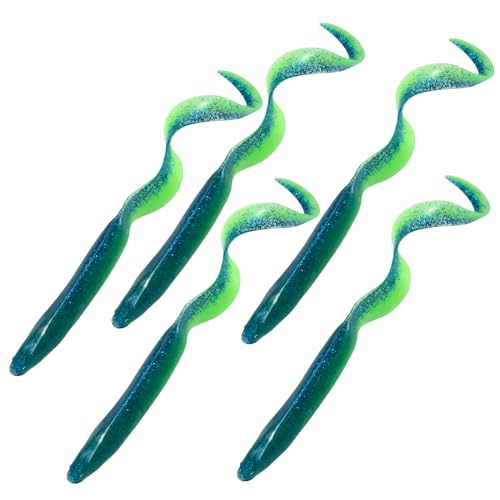Dr.Fish 5 Pack Sand EEL Lures Saltwater Soft Fishing Lures Swimbait 6 Inch 3/8oz Surf Fishing Creature Baits Soft Plastic Artificial Ribbontail Worm - color: Green/Blue Flash