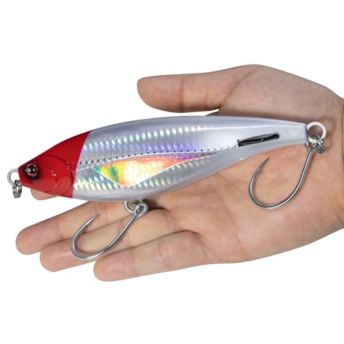 Alwonder High Speed Trolling Lures Saltwater Fishing Lures 6"/3oz Sinking Twitch Bait 7/0 Hook Deep Diving Jerkbait Fishing Plug Offshore Lure for Tuna Striper Mackerel - color: Red & Sliver