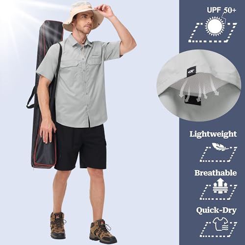 Satankud Fishing Shirts for Men Short Sleeve Sun Protection Cooling Hiking Shirt for Travel Safari Camping Work - color: Light Grey, size: Small