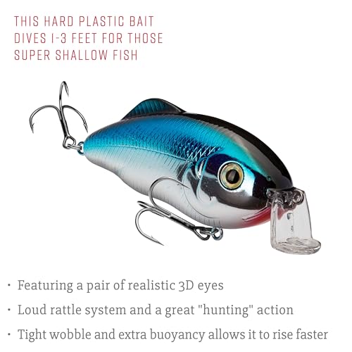 Strike King Hybrid Hunter Shallow Jr. Fishing Lure, Shallow Diving Crankbait, 90-Degree Bill, 3D Eyes, Loud Rattle, Dives 1 to 3-Feet,Size 4 & 6 Treble Hooks - color: Chrome Blue, size: 1 oz