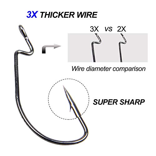 Bass Fishing Worm Hooks Set, 120pcs 3X Offset High Carbon Steel Worm Bait Jig Fish Hooks for Trout Saltwater Freshwater Fishing Tackle Accessories