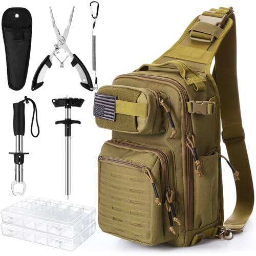 RoundFunny 9 Pcs Fishing Tool Kit Pliers Gear and Equipment Include Large Fishing Backpack, Tackle Box, Gripper, Plier, Lanyard, Hook Separator, Sheath, Patches - color: Wolf Brown