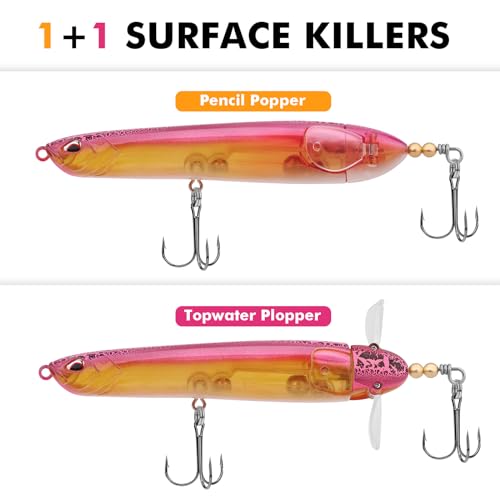 TRUSCEND Popobait Easy Catch Fishing Lures with BKK Hooks, Instant Startup, Longer Cast, Balanced Spray/Sound/Swim, Plopper Topwater Lures for Bass, Trout, Pike, Walleye, Freshwater Saltwater Fishing - color: C2-5",1oz