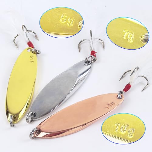 12Pcs Fishing Spoons Lures, Casting Spoon Treble Hooks 5g(3/16oz) 7g(1/4oz) 10g(3/8oz) 14g(1/2oz), Hard Metal Fishing Spoons for Trout Bass