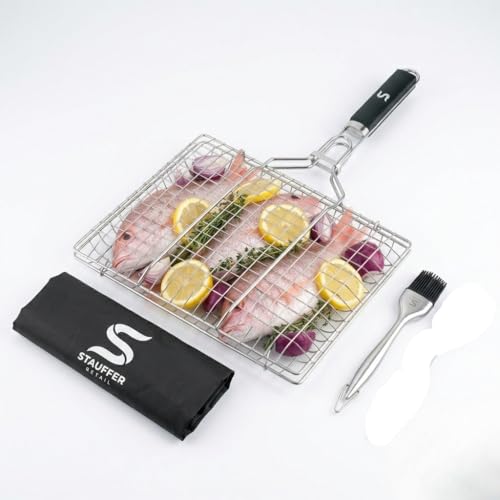 BBQ Grill Basket for Outdoor Cooking, Stainless Steel Fish Basket with Detachable Heat Resistant Handle, Lockable Design for Vegetables Shrimp Meat, Camping Cooking Rack, Grilling Accessories