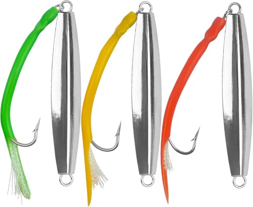 Diamond Jigs Saltwater Fishing Lures,Casting Jigging Spoon with Split Tube Tail Stainless Steel Hook Metal Jig Spoon Baits for Deep Sea Offshore Surf Fishing Bottom Sinking - color: 3pcs-3 Colors Mixed, size: 6oz