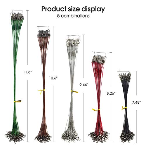 Stainless Steel Fishing Wire Leaders, Black Coated & Uncoated Options, Heavy Strength 31–100LB, 6–21in Multi Sizes with Rolling Swivels Snaps for Salt Fresh Water Shark Pike Barracuda - color: 100pcs-7in/8in/9in/10in/11in(31LB)