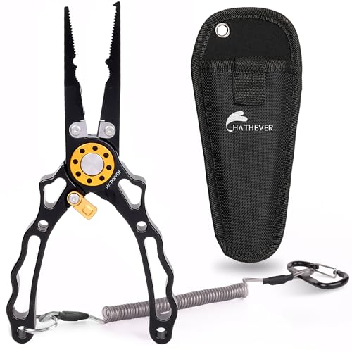 Fishing Pliers Saltwater, Split Ring Pliers Hook Remover with Safety Lock, Fishing Tools with Sheath and Lanyard, Fishing Gifts for Men - color: Black
