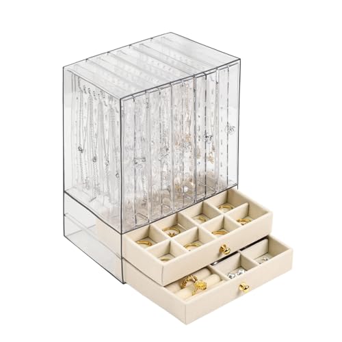 Greenfeather Jewelry Organizers and Storage, Clear Acrylic Jewelry Box with 40 Necklace Hooks 120 Pairs of Earring Holes 2 Velvet-Lined Drawers for Rings Necklaces Earrings - color: Off-White-Style A