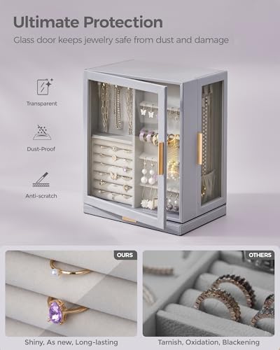 Glimmloop 360° Rotating Jewelry Box with 5 Drawers, Spacious Vertical Jewelry Organizer with Glass Window, Jewelry Storage Case, Dustproof & Moisture-resistant Design, Grey - color: Grey, size: 5 Drawers (6.2"D x 9.2"W x 11.4"H)