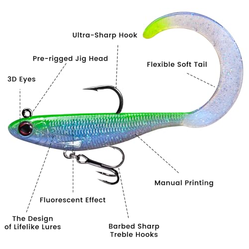 Pre-Rigged Soft Fishing Lures with Weedless Hook, Lifelike Paddle Tail Swimbaits for Bass Fishing, Freshwater & Saltwater Curly Type Tail Soft Plastic Baits for Bass, Pike, Trout, and Walleye. - color: B-2.5"-0.19oz