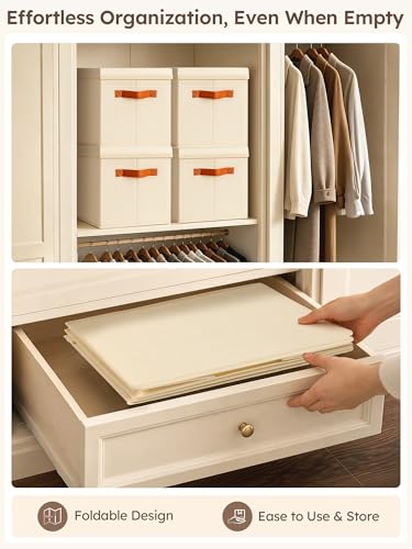 Homsorout Storage Bins with Lids - Fabric Storage Baskets for Shelves, 6 Pack Foldable Decorative Boxes with Handles, Stackable Organizer Bins for Home, Nursery, Dorm, Beige - color: Beige, size: L(6-Pack)