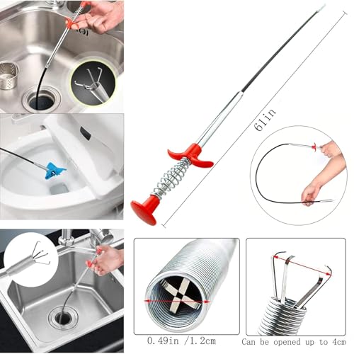 Drain Snake，Plumbing Drain Clog Remover, Gutter Cleaning Tools for Toilet Shower Kitchen Bathroom Tub, Clogged Drains Opener Cleaning Tool, Flexible Grabber Claw Pick Up Reacher (61 IN)