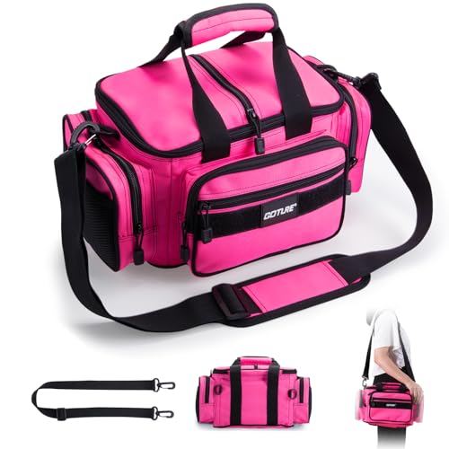 Goture Fishing Tackle Bag, 600D Water-Resistant Soft Side Crossbody Sling Bag for Women,Small Gear Storage Tactical Bags for Saltwater & Freshwater,Fits 3 3600 Tackle Boxes(Not Included) - color: A:Pink(Without Trays-14.96"x9.06"x7.48"), size: X-Small