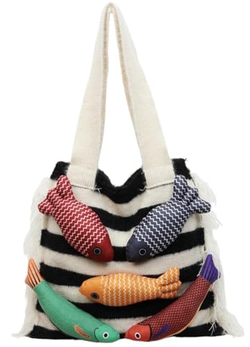 Knitted Beach Shoulder Bag for Women 3D Fish Bohemian Tote Versatile Purse Soft Hobo Handbag for Summer Vacation 2026 - color: C White