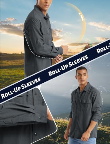 TACVASEN Fishing Shirt for Men, Long Sleeve Shirt Quick Dry Fit, Tactical Shirt Button Up, Work Shirt Lightweight Safari - color: Dark Grey, size: Small