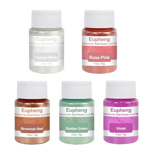 Eupheng Mica Powder 5 Colors Pearlescent Soft Plastic Lure Pigment for DIY Fishing Lure Making, Vibrant & Shimmering Finish 1/3oz Each