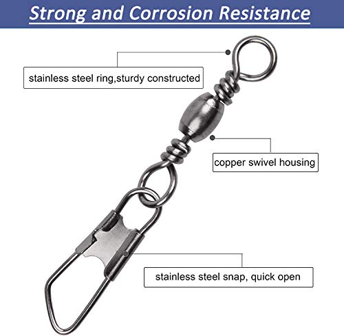 Fishing Snap Swivels Rolling Barrel Swivels with Safety Snaps High Strength Copper and Stainless Steel, Black Nickel Coated Quick Connect Swivel Snap Fishing Tackle - color: 50pcs(6,8,10,12,14#)