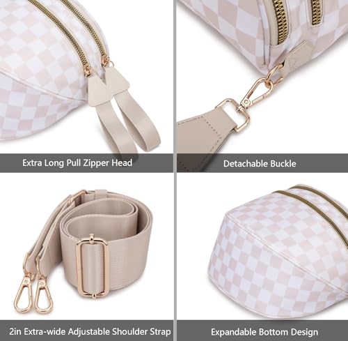 Pure Colour Crossbody Bum Bags for Women Spacious Checkered Cross body Bag Nylon Trendy Fanny Pack for Travel - color: Beige Checkered