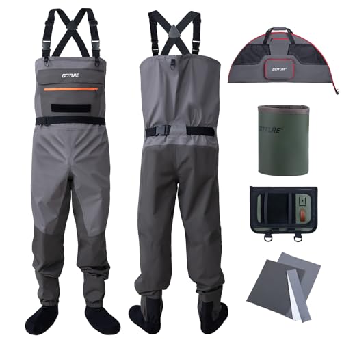 Goture 5-Layer Waterproof Stocking Foot Waders, Breathable Fly Fishing Waders for Men Women, Multiple Storage Pockets 5 Sizes - color: Gray + Bottle Holder + Bag - Gift Box Pack, size: Small