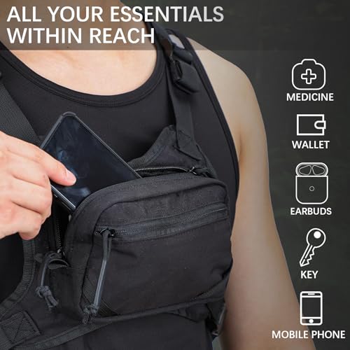 MGFLASHFORCE Chest Bag for Men and Women, Chest Rig Pack Front EDC Pouch Running Vest Phone Holder for Workout, Hiking and Outdoor Sports - color: Black