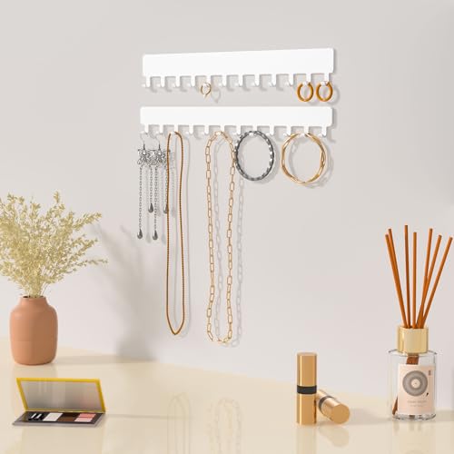 Bussdis Necklace Holder - Hanging Jewelry Organizer, Self-Adhesive, Wall Mount, 2 Pack, White - color: White, size: 9.84 inch